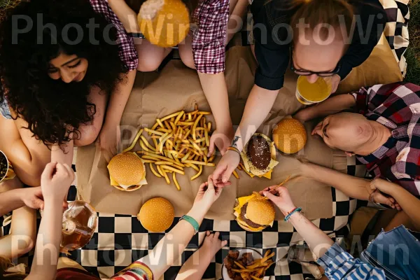 קבוצת חברים מאמצת את הגילטי פלז\'ר של לזלול מזון מהיר שמנוני. יָרֵך, צהוב, כיסוי ראש