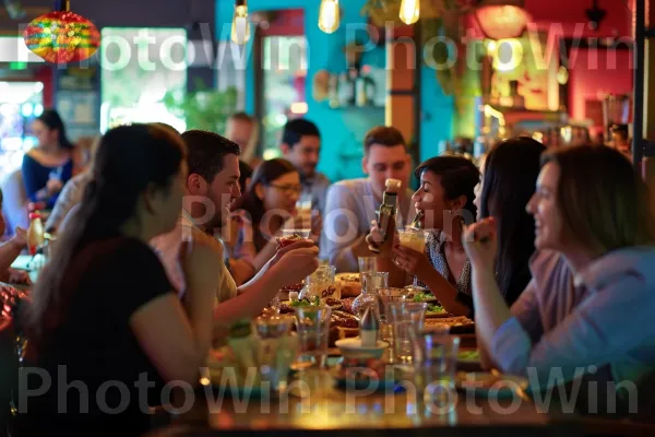 סועדים מזדמנים שמתפנקים באוכל מנחם מעורר תיאבון במפגש מקומי. שולחן, כלי שתייה, כֵּיף