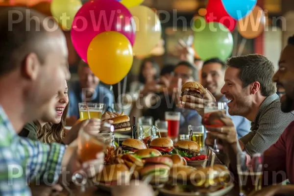 קריאות שמחה פורצות כשהסועדים נוגסים במגוון סליידרים טעימים. מזון, צהוב, שיתוף