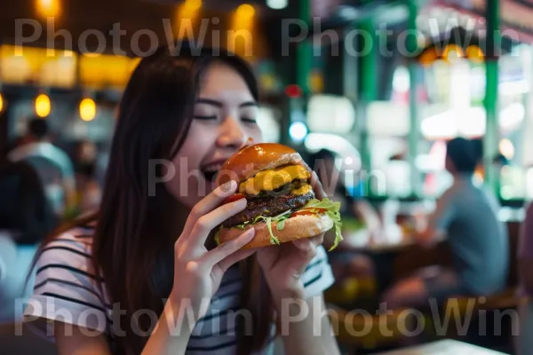 אישה צעירה נוגסת בהמבורגר עסיסי עם תוספות. יד, כתום, מתכון