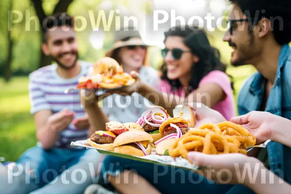 קבוצת עמיתים חופרת במגש של סליידרים טעימים וטבעות בצל. מזון, כלי שולחן, פדורה