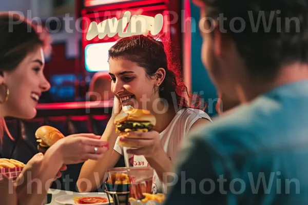 חברים נהנים מצ\'יזבורגרים וצ\'יפס בדיינר רטרו. מזון, כתום, צהוב