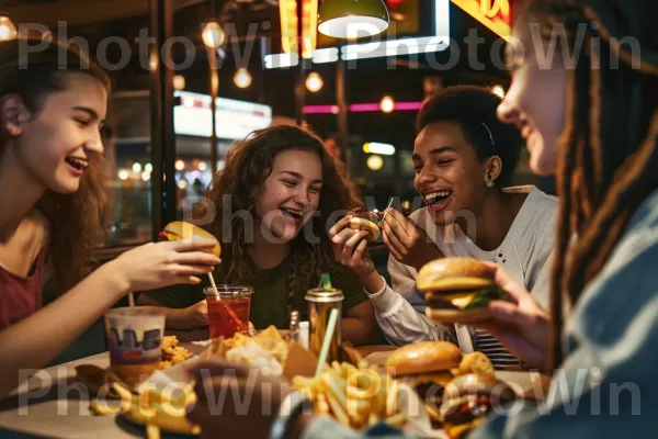 קבוצת צעירים נהנית מארוחת ערב מאוחרת של מזון מהיר שמנוני. חיוך, כלי שולחן, מִטְבָּח