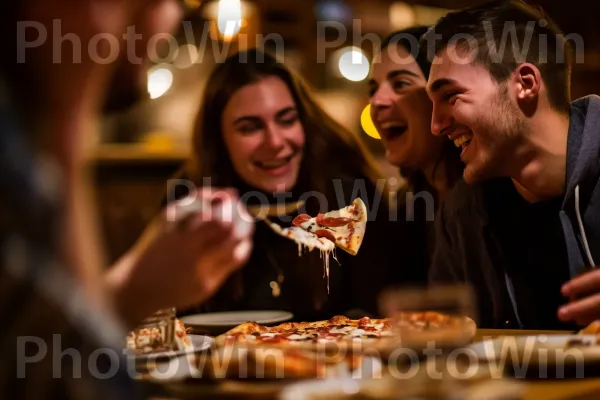 חברים נהנים מגבינה דביקה ונמסה מפיצה טעימה. חיוך, כלי שולחן, צַלַחַת