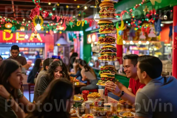 סועדים נרגשים חופרים בערימות מתנשאות של נקניקיות גורמה עמוסות. מזון, בית המקדש, צהוב