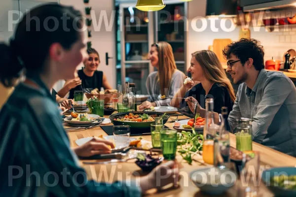 קבוצת חברים טועמים בשקיקה ארוחה ביתית ביחד. כלי שולחן, מזון, בקבוק