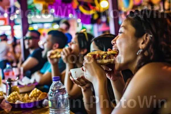 סצנות של סועדים מעודדים כשהם זוללים כלבי תירס מעוררי תיאבון. מזון, כלי שולחן, תשוקה לאוכל