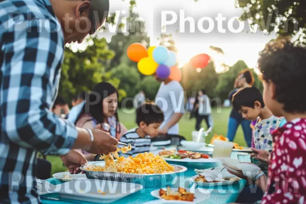 אנשים חופרים במנות נדיבות של מק אנד צ\'יזי. שולחן, כתום, קהילה