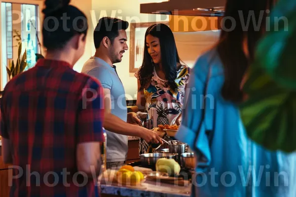 חברים מתאספים סביב כיריים, מבשלים סערה לארוחת ערב. טרטן, כתום, מזון