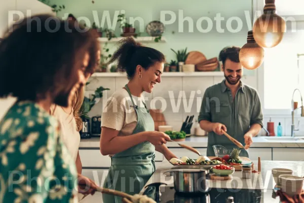 קבוצת חברים מבשלת בשמחה וחולקת מתכונים במטבח רחב ידיים. בישול, כלי שולחן, הַנדָסָה