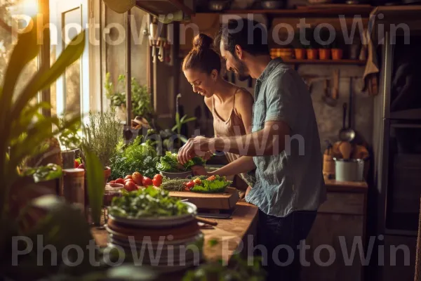 זוג מכין סלטים טריים, מציגים צבעים וטעמים עזים. צמח, ירק עלים, בישול