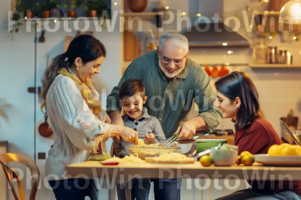 קשר משפחתי על פסטה ביתית במטבח נעים. כתום, שיתוף, קבוצה חברתית