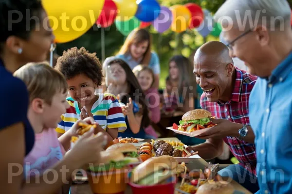 צחוק ופינוק בזמן שמשפחות מתענגות על מאכלי מזון מהיר טעימים. מזון, צהוב, שיתוף