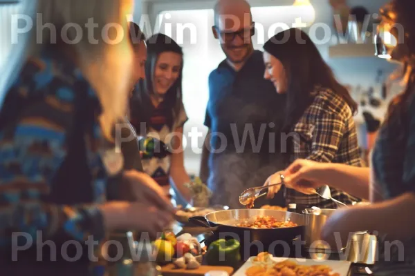 קבוצת חברים מבשלת יחד בשמחה ויוצרות זיכרונות בלתי נשכחים. מזון, כובע, צַלַחַת