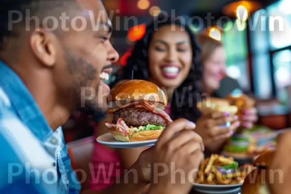 זוגות מתענגים על המבורגרים גורמה עם שילובי טעמים ייחודיים. מזון, כלי שולחן, מִטְבָּח