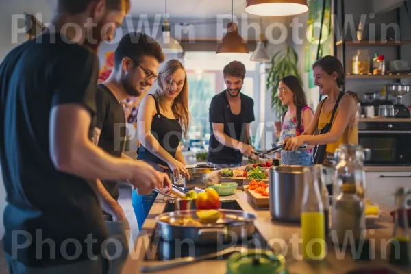 קבוצת עמיתים מתפרקת יחד, מכינה ארוחה לגיבוש צוות. מזון, כלי שולחן, מכשיר למטבח