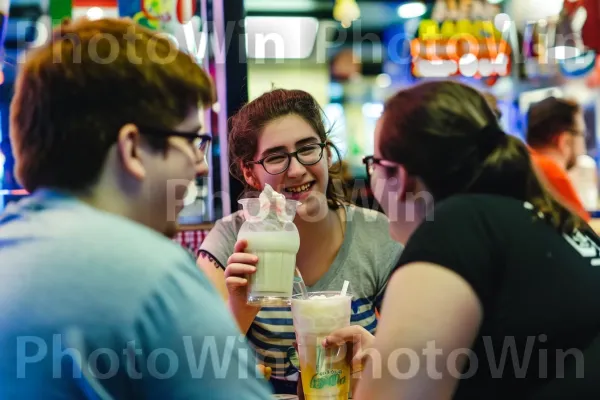 פטרונים רעבים מתפנקים עם מילקשייקים וצ\'יפס מעוררי תיאבון. תַצלוּם, משקפיים, לִשְׁתוֹת