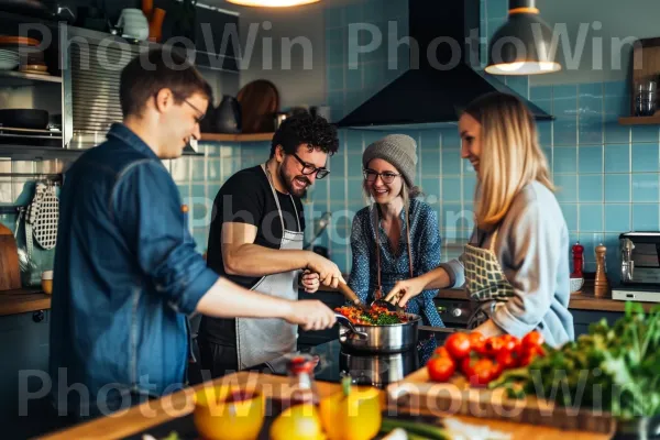 קבוצת חברים הופכת יצירתית עם ניסויים קולינריים בבית. כובע, צמח, משטח עבודה