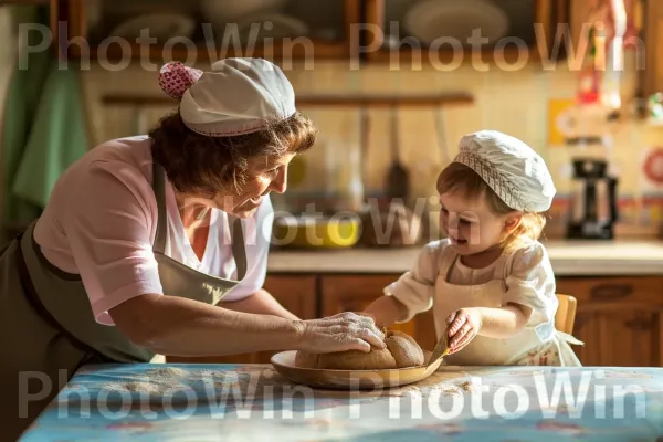 הורה וילד חולקים רגע מחמם לב באפיית לחם. כלי שולחן, שולחן, חרס