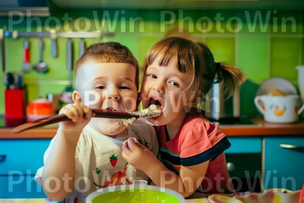 אח ואחות צעירים מלקקים בשקיקה את הבלילה מהכפית. כלי שולחן, ירוק, שיתוף