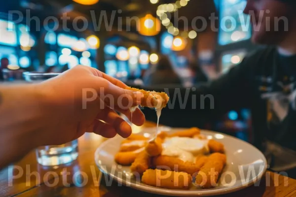 לקוחות מתענגים על מקלות מוצרלה דביקים ונמתחים. כלי שולחן, מתכון, כובע