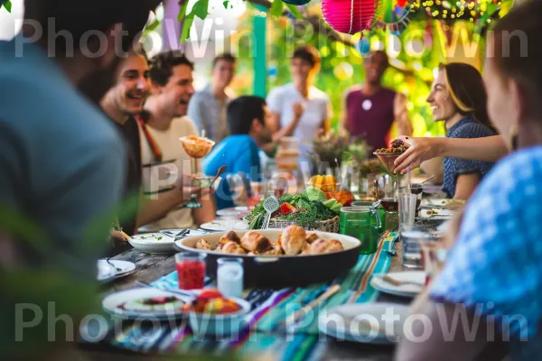 חברים צוחקים בזמן שהם מתענגים על משתה תוצרת בית. שולחן, קהילה, צַלַחַת