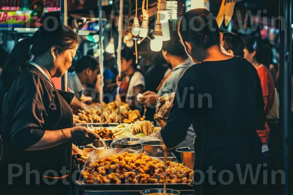 אנשים מתענגים על מגוון חטיפים טעימים בטיגון עמוק. מזון, מוכר, שׁוּק