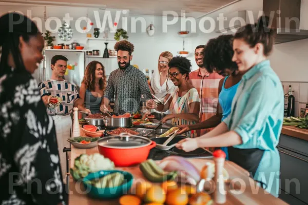 קבוצת עמיתים מתפרקת יחד, מכינה ארוחה לגיבוש צוות. כלי שולחן, שולחן, חולצה קצרה