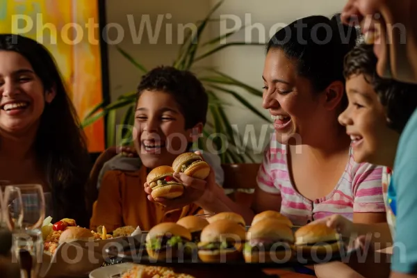 חיבור משפחתי על מגש משותף של מיני סליידרים מענגים. חיוך, צמח ביתי, כלי שולחן