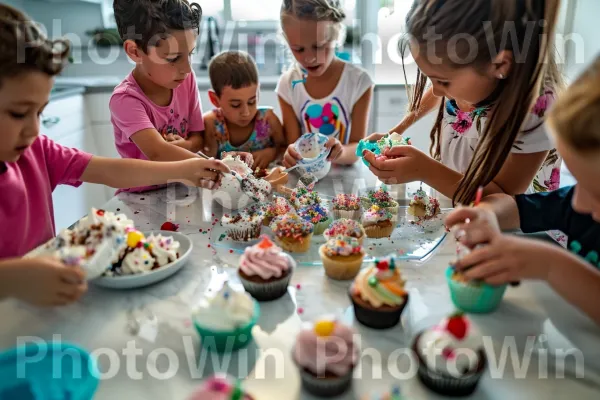 קבוצת ילדים מקשטת בשמחה קאפקייקס במטבח שלהם. שולחן, כלי שולחן, עוגה