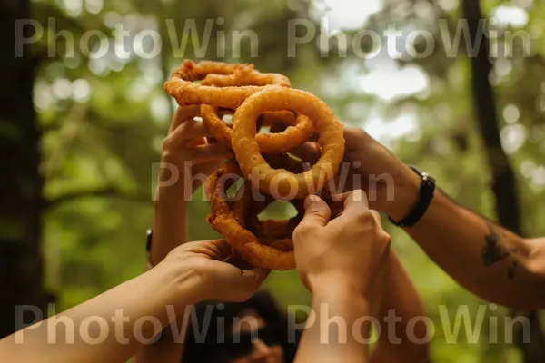 לקוחות נלהבים מתפנקים בהר של טבעות בצל שאי אפשר לעמוד בפניהן. יד, טבעת בצל, מחווה