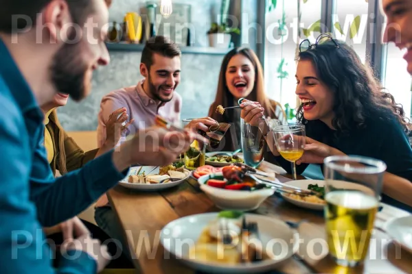 קבוצת חברים טועמים בשקיקה ארוחה ביתית ביחד. כלי שולחן, שולחן, בן אנוש