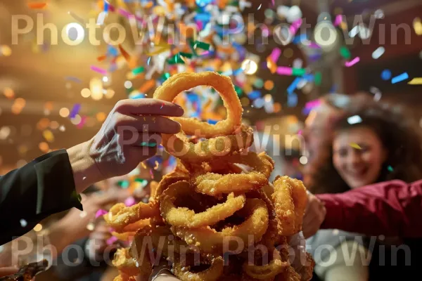 סועדים חוגגים ומתפנקים בהר של טבעות בצל. מזון, חיוך, קישוט