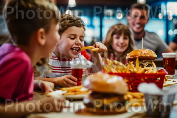 משפחות מתחברות על צ\'יפס פריך וצ\'יזבורגרים עסיסיים. חיוך, כלי שולחן, מִטְבָּח