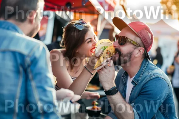 זוגות מתענגים על טאקו גורמה טעים ומבולגן. שעון, חיוך, כובע