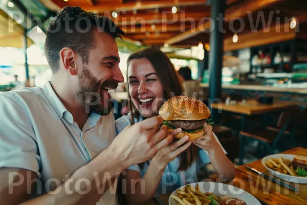 זוג נהנה מהמבורגר כפול קציצות, חיוכים מתרחבים. מזון, כלי שולחן, מַרכִּיב