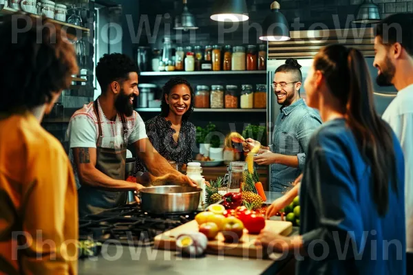 חברים מתנסים בתבלינים אקזוטיים במטבח מודרני. צרכן, בישול, שולחן