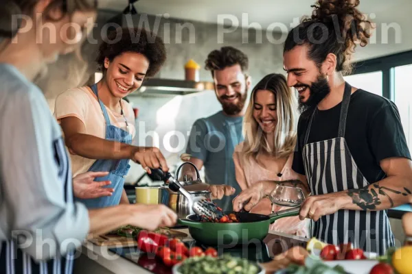 קבוצת חברים מבשלת יחד בשמחה ויוצרות זיכרונות בלתי נשכחים. חיוך, צהוב, מזונות טבעיים