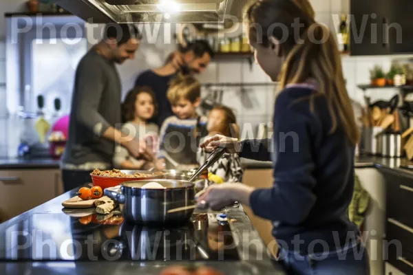 משפחה מתאספת סביב הכיריים, מכינה ארוחה ביתית. בישול, חולצה קצרה, הַנדָסָה