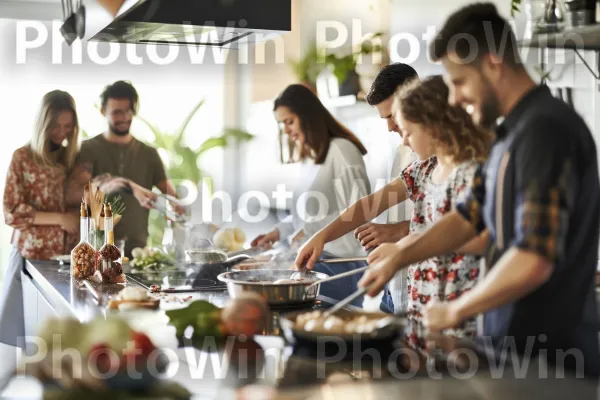 משפחה מתאספת סביב הכיריים, מכינה ארוחה טעימה. מזון, מִטְבָּח, כלי אוכל