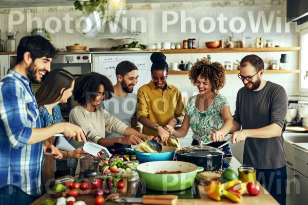 קבוצת חברים צוחקת כשהם מתנסים במתכונים חדשים. מזון, משטח עבודה, כובע