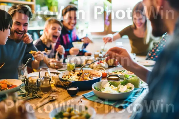 קבוצת חברים טועמים בשקיקה ארוחה ביתית ביחד. חיוך, שולחן, צַלַחַת