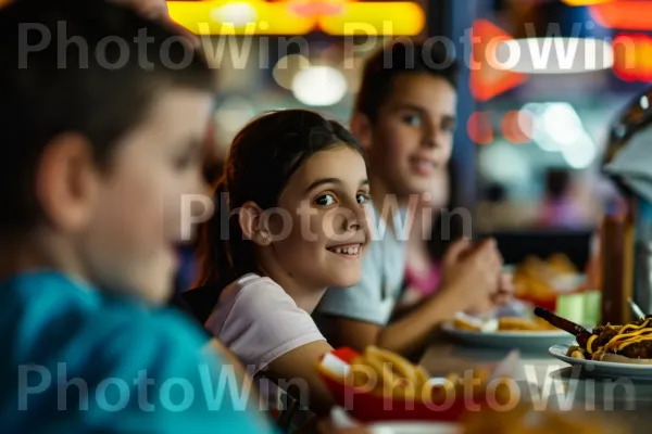 משפחה מאושרת שמתענגת על נקניקיות וטבעות בצל בדיינר אמריקאי קלאסי. מזון, כלי שולחן, צַלַחַת