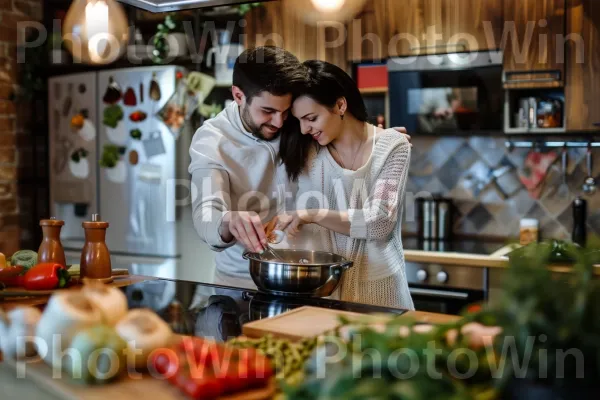 זוג מתחבק תוך כדי ערבוב סיר של מרק מתבשל. כלי שולחן, מתכון, צַלַחַת