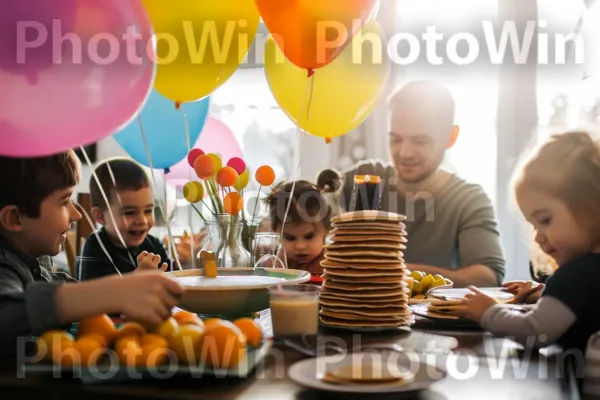 משפחות נהנות מערימות של פנקייקים אווריריים ספוגים בסירופ. מזון, שולחן, שיתוף