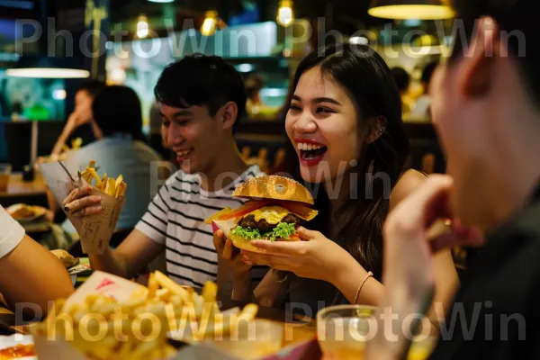 סועדים חסרי דאגות זוללים המבורגרים קלאסיים וצ\'יפס פריך בנטישה. מזון, כלי שולחן, צַלַחַת