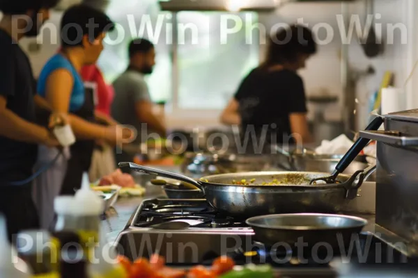 מטבח עמוס גועש בפעילות כשחברים מכינים מרכיבים. כלי שולחן, כלי בישול וכלי אפייה, מַרכִּיב