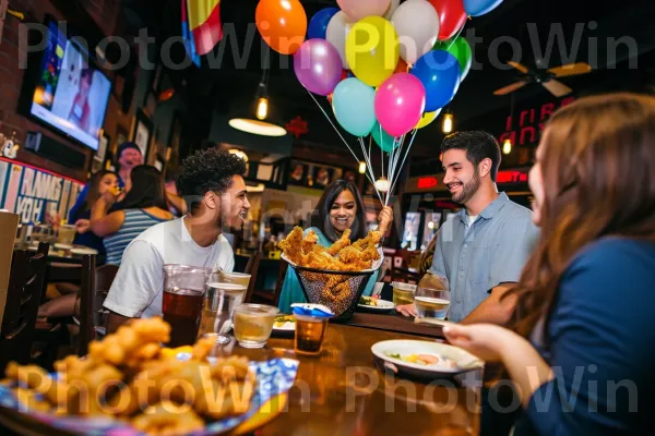 סועדים זוללים בשמחה סלסלת מנות עוף פריכות. בַּלוֹן, פְּנַאִי, כֵּיף