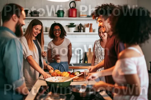 קבוצת חברים מבשלת בשמחה וחולקת מתכונים במטבח רחב ידיים. חיוך, כלי שולחן, צַלַחַת