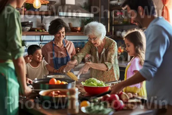 משפחה רב-דורית חולקת טיפים לבישול במטבח מסורתי. מזון, בן אנוש, כובע